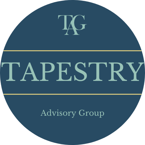 Round blue logo for Tapestry Advisory Group (TAG). The logo has "TAG" at the top, "TAPESTRY" in the middle, and "Advisory Group" at the bottom, all in light gray-green text separated by thin beige lines. It embodies their focus on strategy and results.