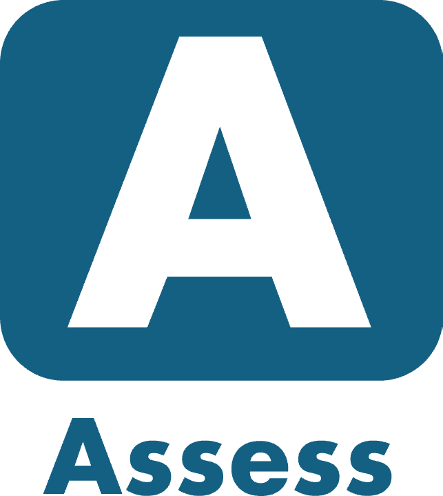 A blue logo featuring a large capital letter "A" inside a rounded rectangle symbolizes strategy. Below the rectangle, the word "Assess" is written in bold, blue letters.