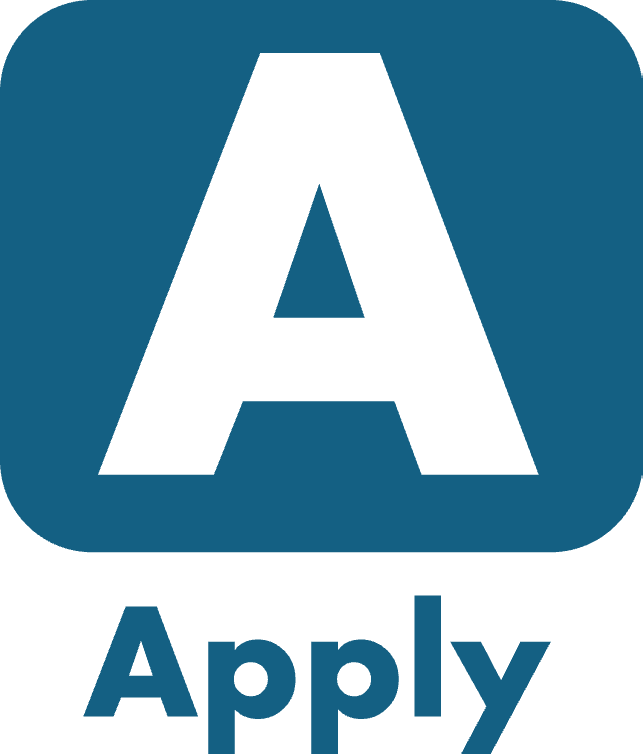 A blue rounded square with a large capital letter "A" in the center. Below the square, the word "Apply" is written in bold blue letters, highlighting your path to results.