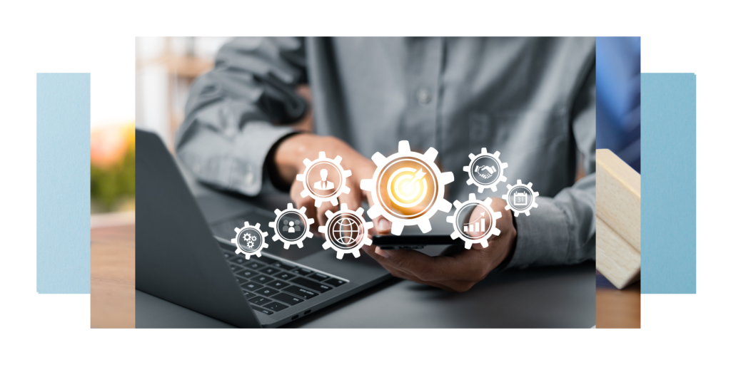 A person in a gray shirt is using a smartphone and a laptop. Overlaid are digital icons depicting gears, a globe, a target, a network, charts, and data analysis, suggesting technology and business operations. This scene emphasizes results-driven leadership in the tech industry.