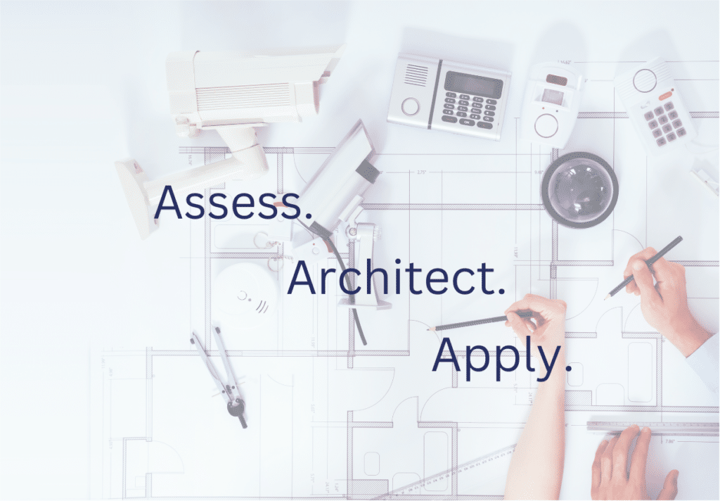 Two hands with pencils are drawing on a set of architectural blueprints. Around them are architectural tools, a model, and a calculator. Superimposed text reads: "Assess. Architect. Apply." The background is light and faintly showing the blueprints, embodying strategy in every stroke.