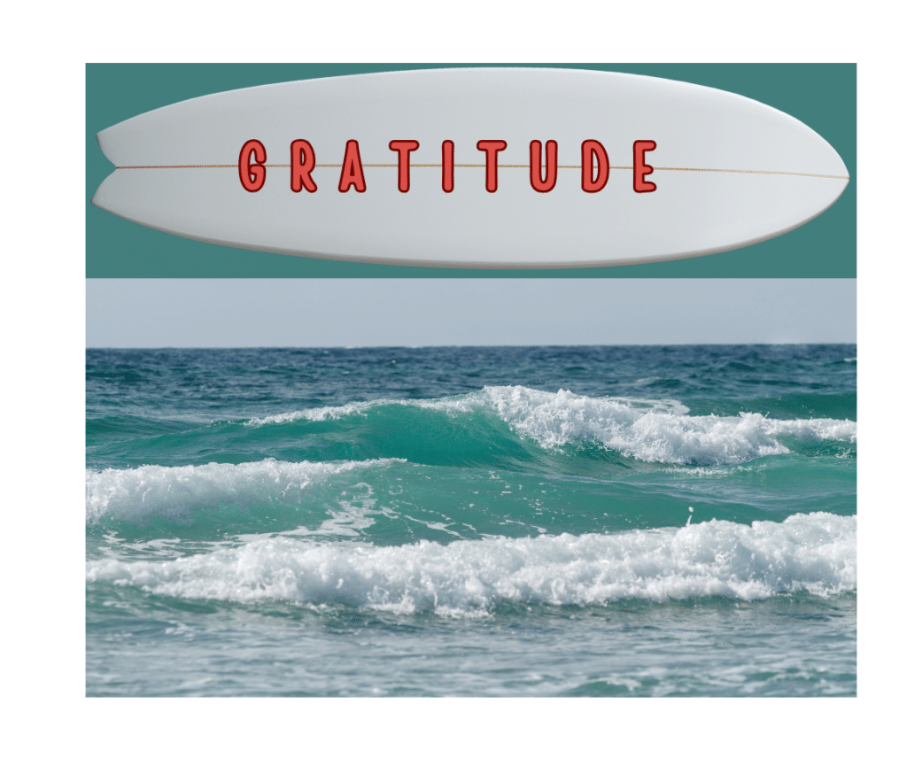 A surfboard with the word "GRATITUDE" in red uppercase letters rides above an image of ocean waves crashing under a clear blue sky, evoking a sense of connection and community. - Tapestry AG A surfboard with the word "GRATITUDE" in red uppercase letters rides above an image of ocean waves crashing under a clear blue sky, evoking a sense of connection and community.
