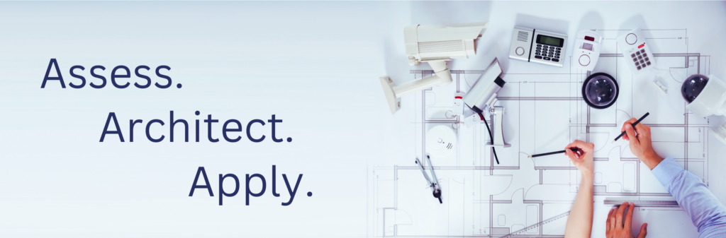 Two people working on an architectural blueprint with various tools and equipment, including a calculator, model of a building, and pen. On the left side, the text "Assess. Architect. Apply." is displayed against a light blue background—aligning leadership with results.
