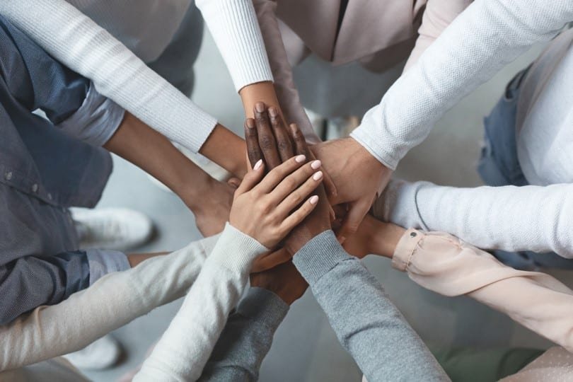 A diverse group of people standing in a circle with their hands stacked together in the center, symbolizing unity, teamwork, and leadership. The background is blurred, and the individuals are wearing casual, neutral-colored clothing.