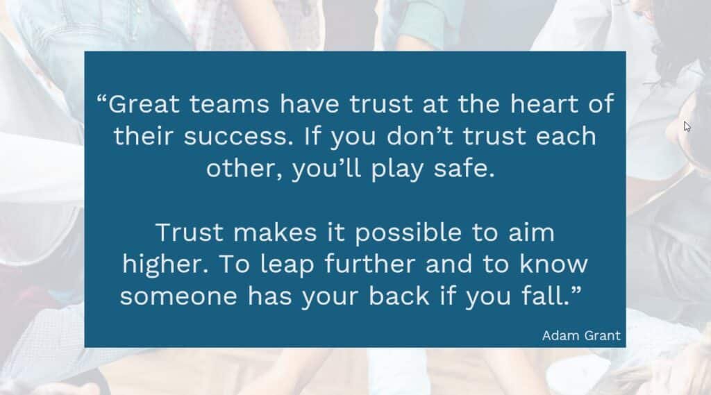 A quote by Adam Grant on a blue background reads: "Great teams have trust at the heart of their success. If you don’t trust each other, you’ll play safe. Trust makes it possible to aim higher, to leap further, and to know someone has your back if you fall." This underscores the importance of leadership.