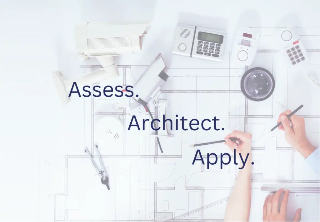 Two hands with pencils are drawing on a set of architectural blueprints. Around them are architectural tools, a model, and a calculator. Superimposed text reads: "Assess. Architect. Apply." The background is light and faintly showing the blueprints, embodying strategy in every stroke. - Tapestry AG Two hands with pencils are drawing on a set of architectural blueprints. Around them are architectural tools, a model, and a calculator. Superimposed text reads: "Assess. Architect. Apply." The background is light and faintly showing the blueprints, embodying strategy in every stroke.