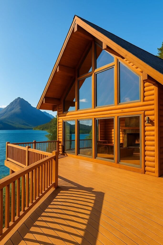 A modern log cabin with large glass windows and a spacious wooden deck overlooks a lake and distant mountains, inspiring personal growth under a clear blue sky.