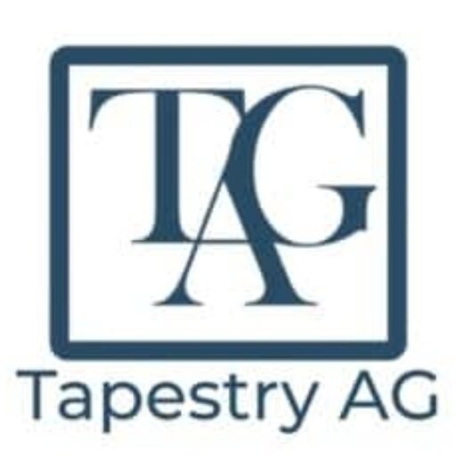 A blue logo with the overlapping letters "TAG" in a modern font inside a square border, with the words "Tapestry AG" written below in a similar blue font.