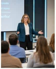 Female presenter in a teal blazer leads a training session in a conference room, gesturing to attendees.