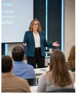 Professional woman in a teal blazer presents to an audience in a conference room, gesturing with open arms beside a projection screen.